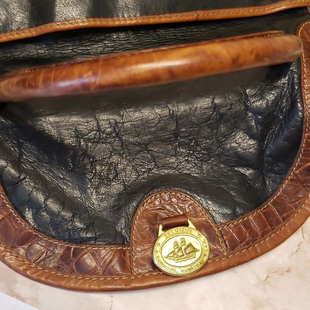 Brahmin vintage satchel crossbody black leather brown embosed croc trim …